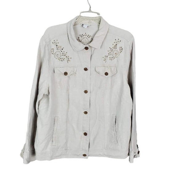 Charter Club Beige Embroidered Beaded Linen Jacket 2X Coastal Grandma 2X - Picture 1 of 6